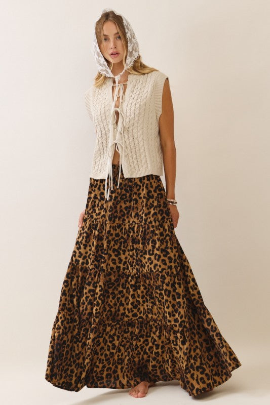 Womens and Plus Size Leopard Print Tiered Maxi Skirt