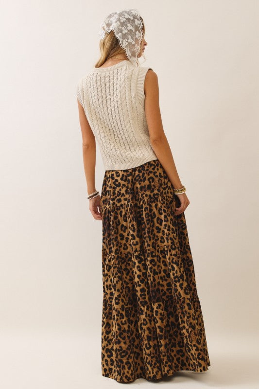 Womens and Plus Size Leopard Print Tiered Maxi Skirt