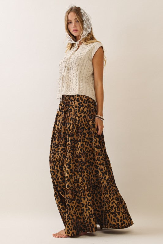 Womens and Plus Size Leopard Print Tiered Maxi Skirt