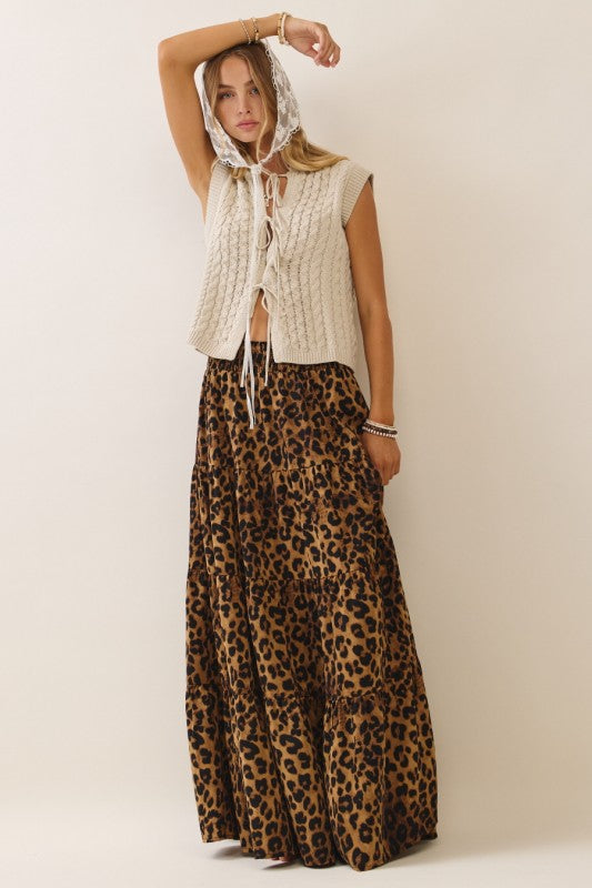 Womens and Plus Size Leopard Print Tiered Maxi Skirt