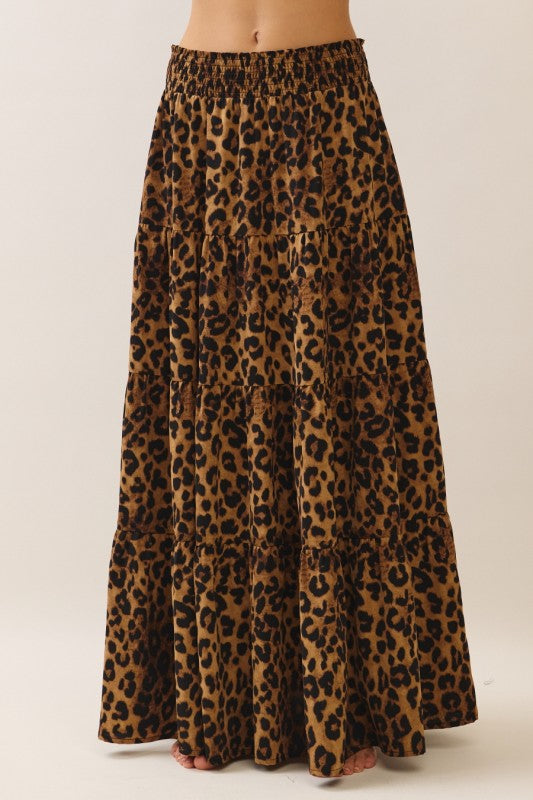 Womens and Plus Size Leopard Print Tiered Maxi Skirt