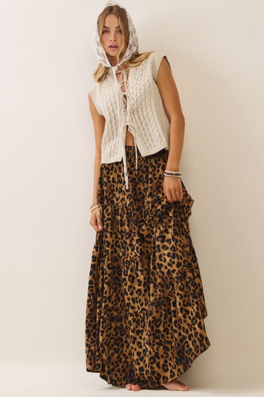 Womens and Plus Size Leopard Print Tiered Maxi Skirt