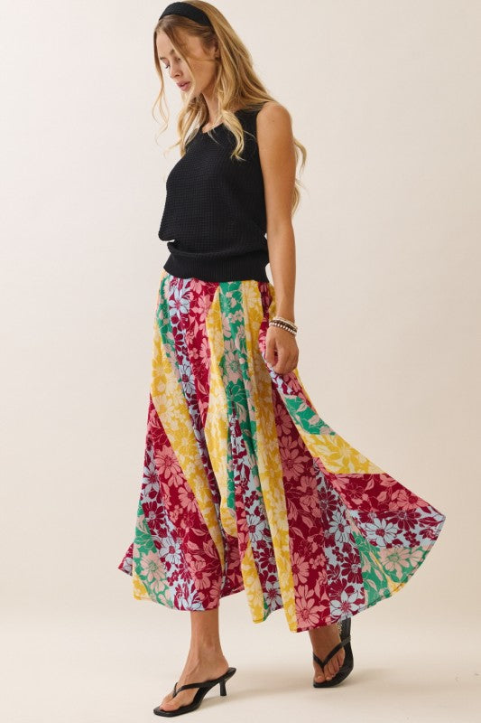 Womens and Plus Size Mixed Floral Print Midi Skirt