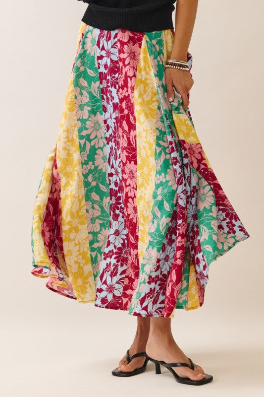 Womens and Plus Size Mixed Floral Print Midi Skirt