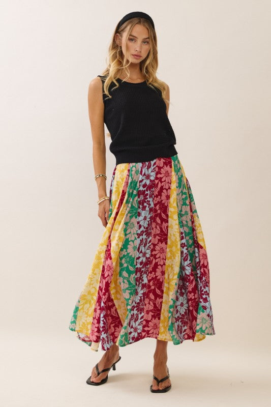 Womens and Plus Size Mixed Floral Print Midi Skirt