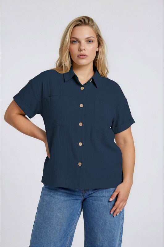 Plus Size Textured Collared Button Down