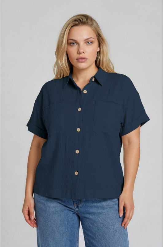 Plus Size Textured Collared Button Down