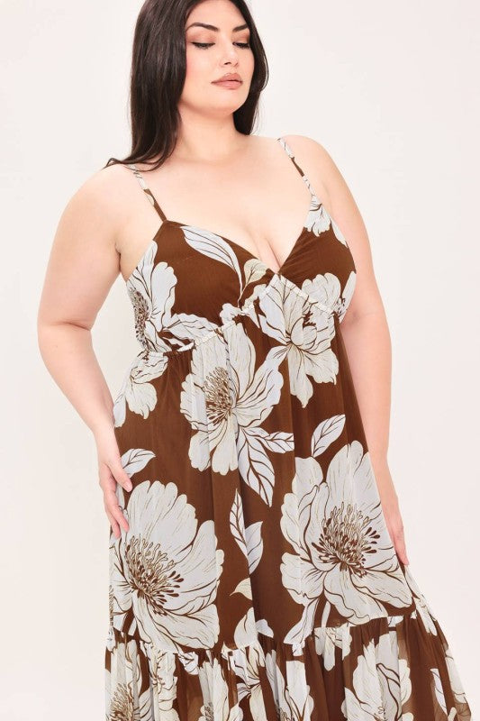 Plus Size Floral Maxi Dress in Brown and White