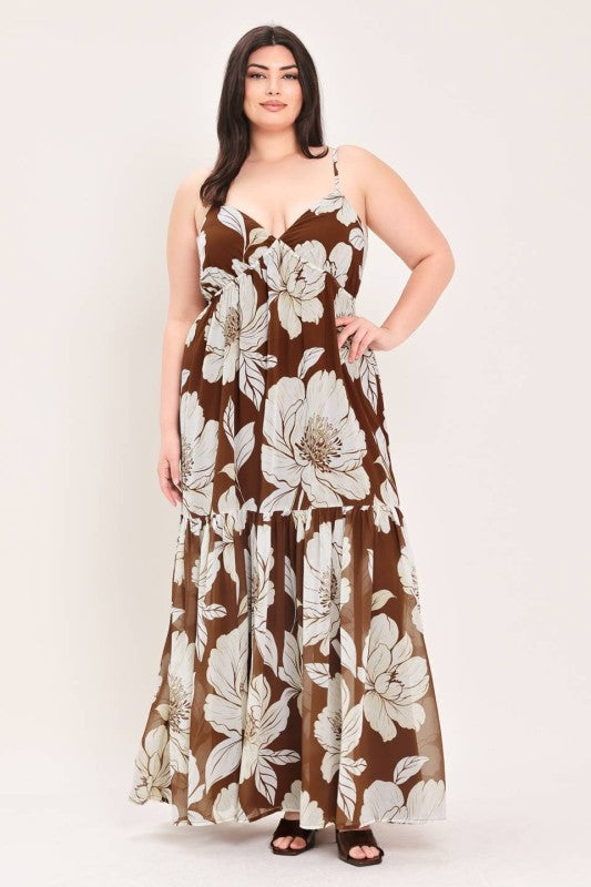 Plus Size Floral Maxi Dress in Brown and White