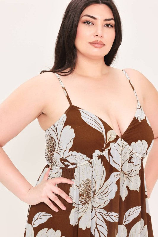 Plus Size Floral Maxi Dress in Brown and White