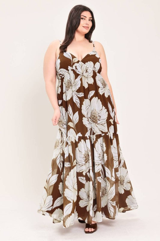 Plus Size Floral Maxi Dress in Brown and White