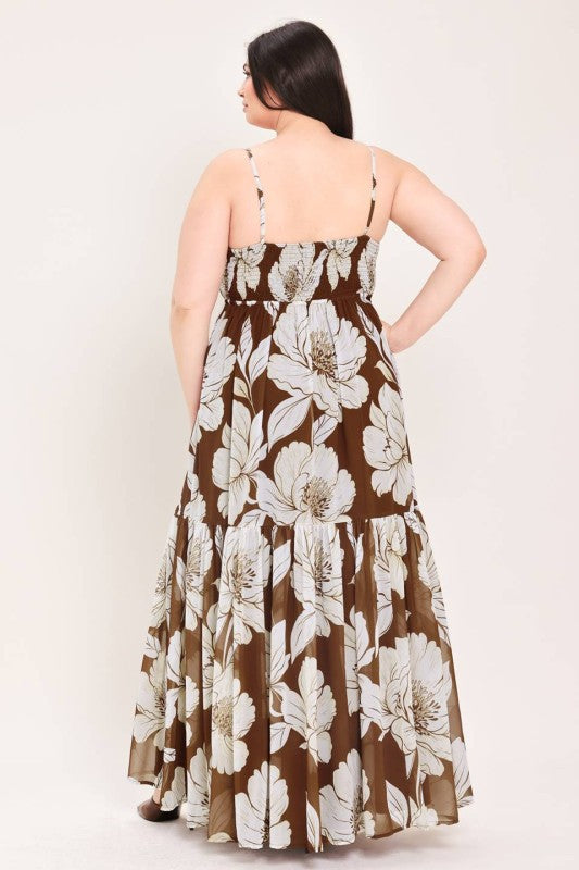 Plus Size Floral Maxi Dress in Brown and White