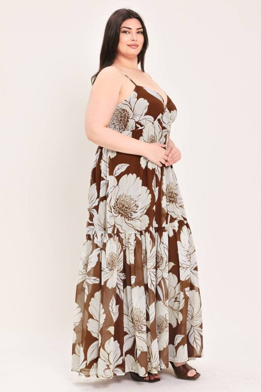 Plus Size Floral Maxi Dress in Brown and White