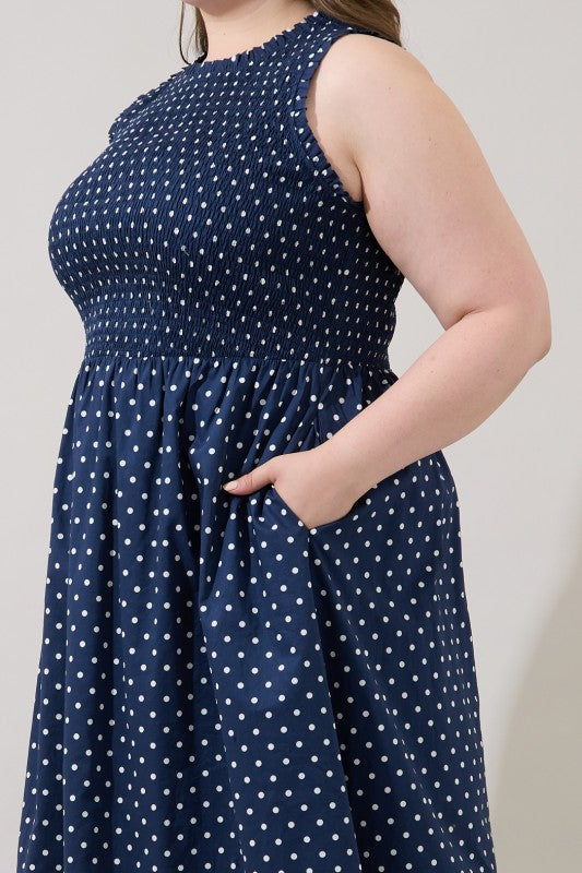 Plus Size Sugar Lips Navy and White Polka Dot Smocked Dress