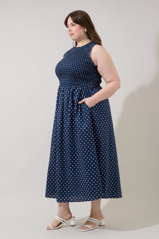 Plus Size Sugar Lips Navy and White Polka Dot Smocked Dress