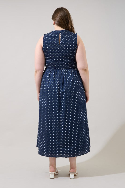 Plus Size Sugar Lips Navy and White Polka Dot Smocked Dress