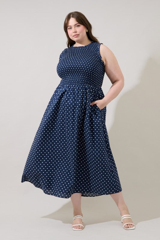 Plus Size Sugar Lips Navy and White Polka Dot Smocked Dress