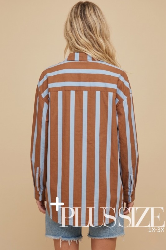Plus Size Blue and Brown Striped button down