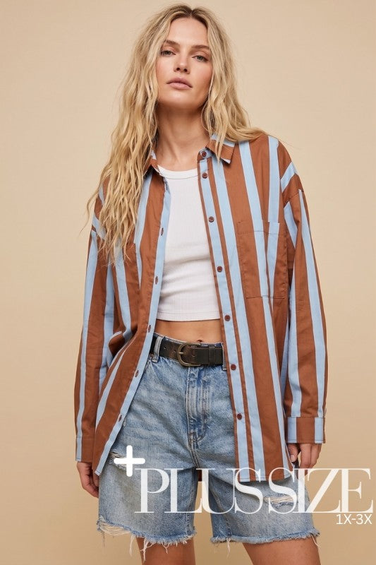 Plus Size Blue and Brown Striped button down