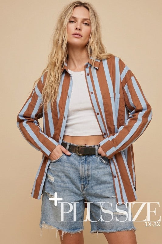 Plus Size Blue and Brown Striped button down