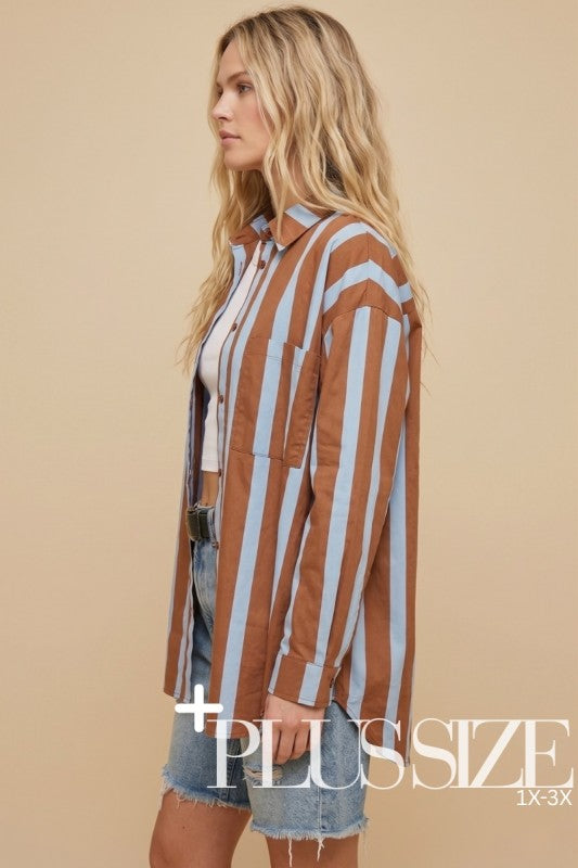 Plus Size Blue and Brown Striped button down