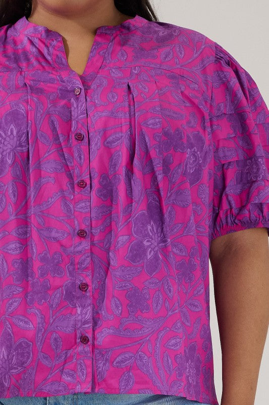 Plus Size Court Button Down Floral Top