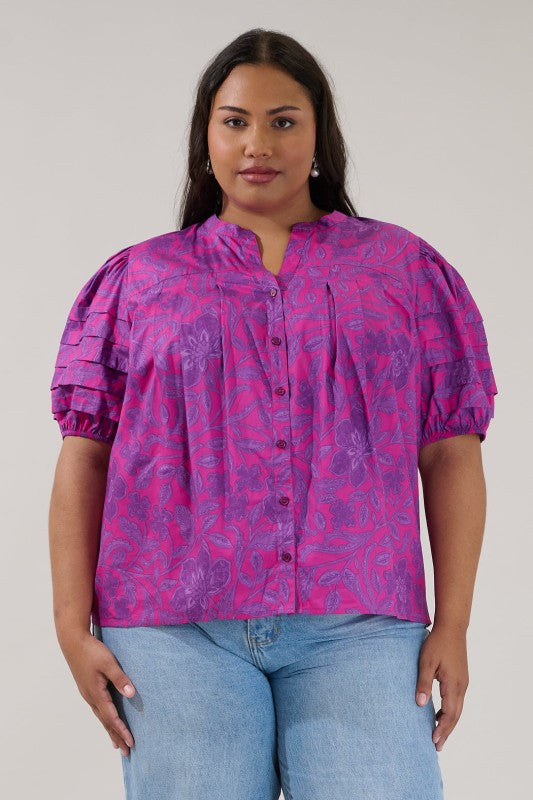 Plus Size Court Button Down Floral Top