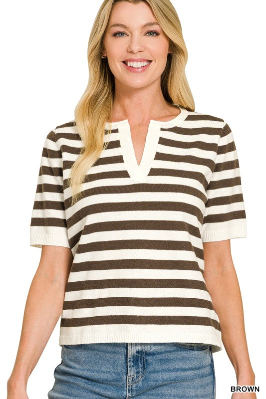 Womens Split Neck Striped Sweater