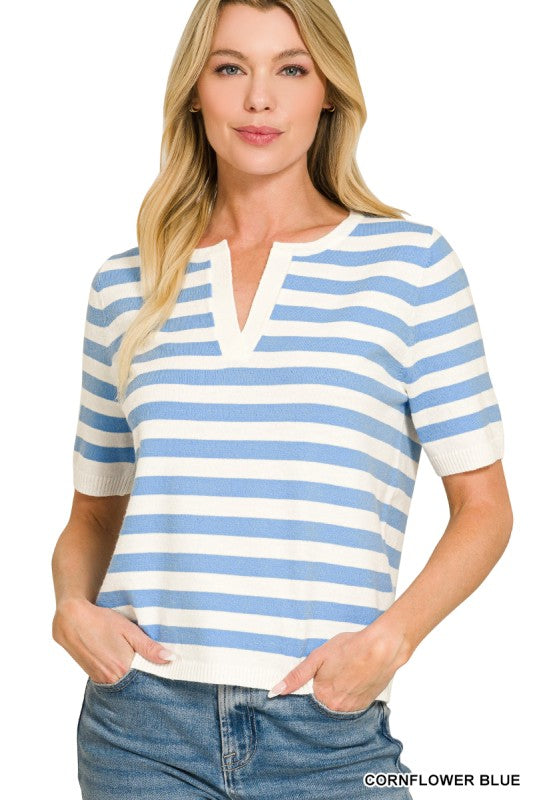 Womens Split Neck Striped Sweater
