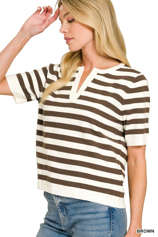 Womens Split Neck Striped Sweater