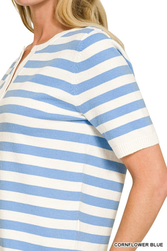 Womens Split Neck Striped Sweater