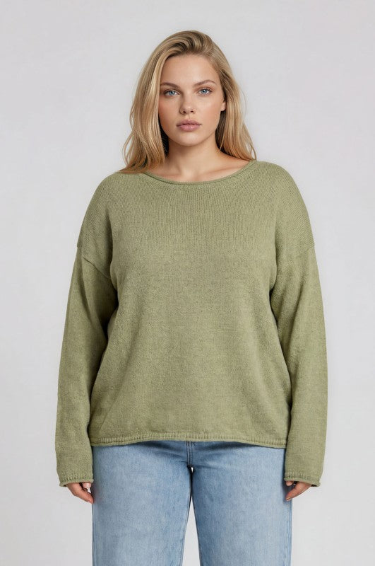 Plus Size Textured Raw Edge Long Sleeve Knit Sweater