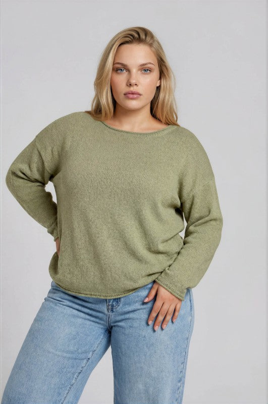 Plus Size Textured Raw Edge Long Sleeve Knit Sweater