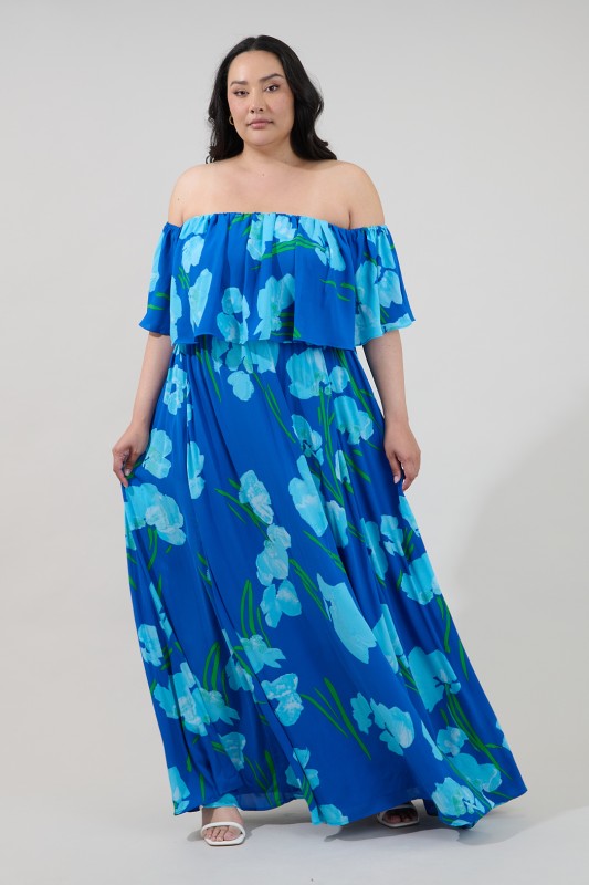 Plus Size Sugar Lips Blue Floral Off Shoulder