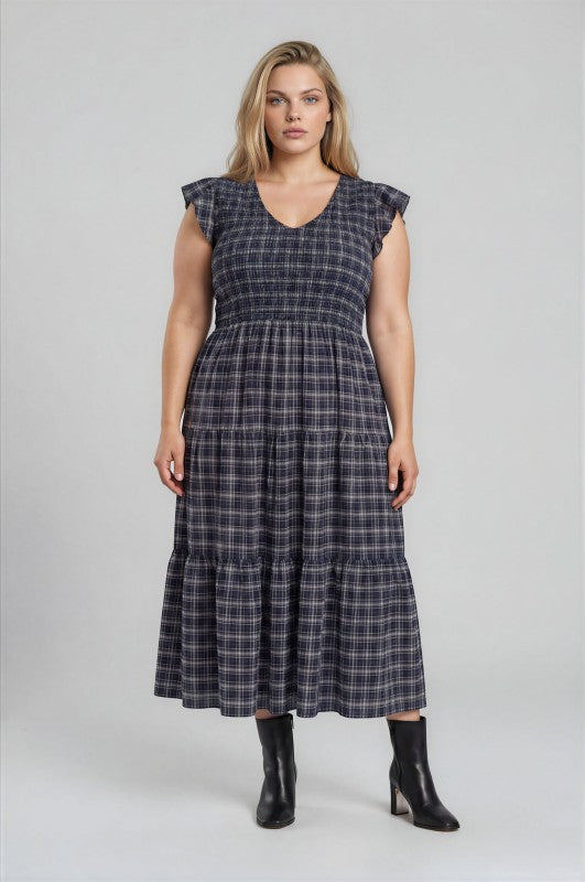 Plus Size Plaid Smocked Tiered Midi Dress