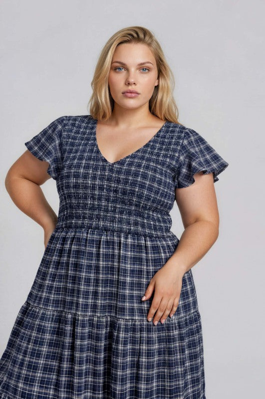 Plus Size Plaid Smocked Tiered Midi Dress