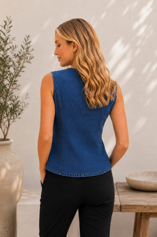 Womens and Plus Size Denim Button Down Top Vest