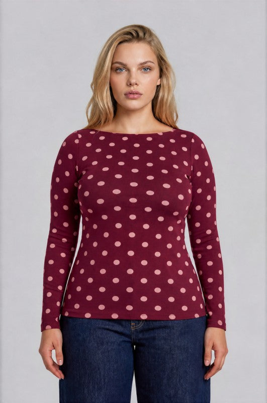 Plus Size Burgundy Polka Dot Long Sleeve Top