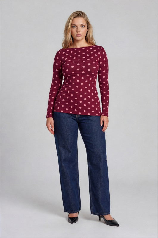Plus Size Burgundy Polka Dot Long Sleeve Top