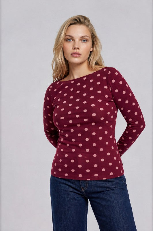 Plus Size Burgundy Polka Dot Long Sleeve Top