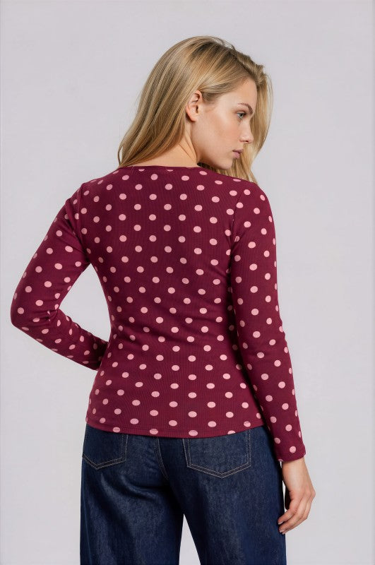Plus Size Burgundy Polka Dot Long Sleeve Top