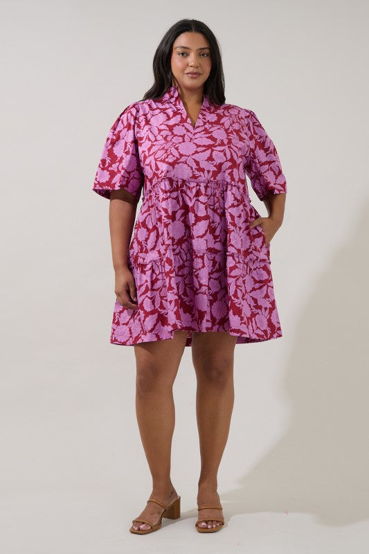 Plus Size Split Neck Mini Dress with Pockets