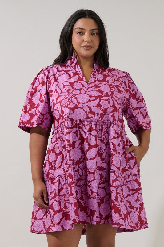 Plus Size Split Neck Mini Dress with Pockets