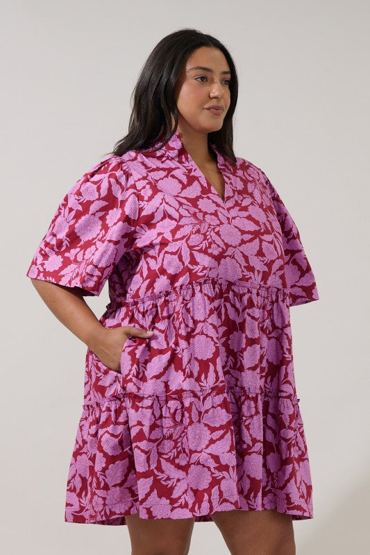Plus Size Split Neck Mini Dress with Pockets