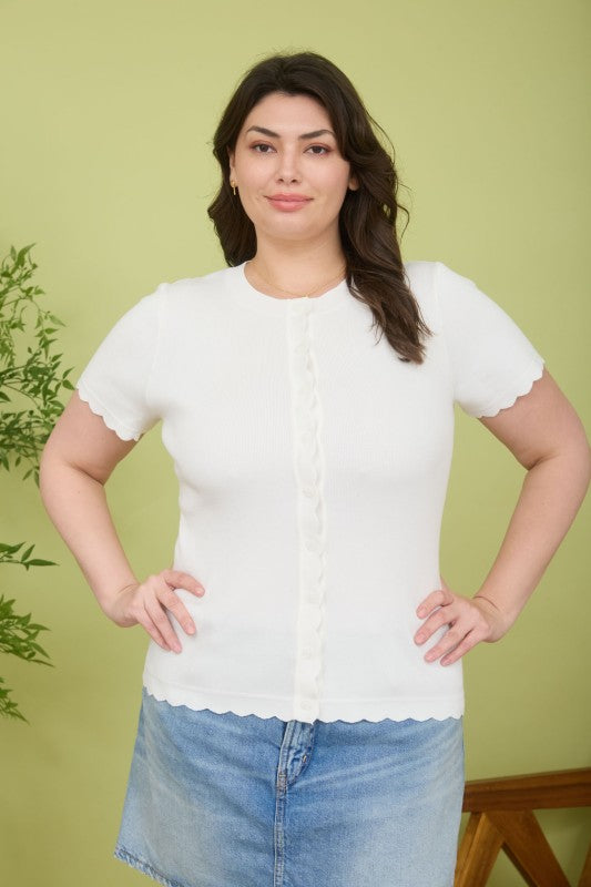 Plus Size Squiggle Short Sleeve Cardigan Sweater Top