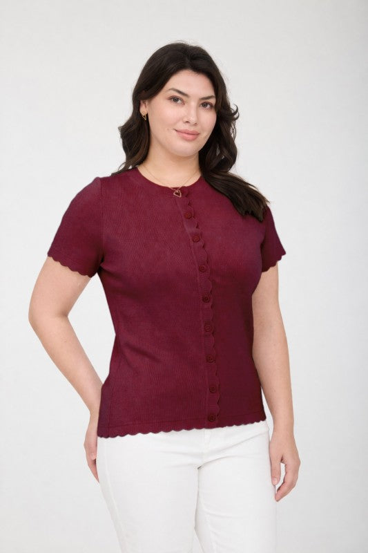 Plus Size Squiggle Short Sleeve Cardigan Sweater Top