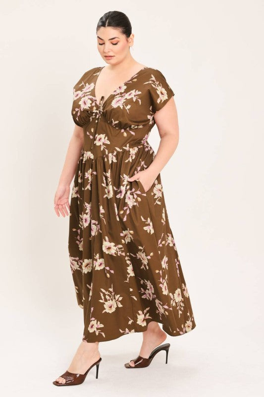 Plus Size Floral Brown Midi Dress