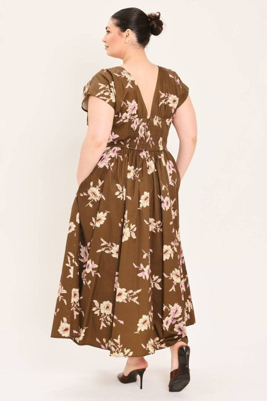 Plus Size Floral Brown Midi Dress