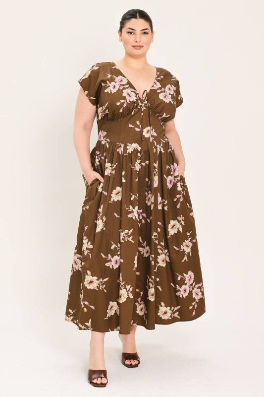 Plus Size Floral Brown Midi Dress