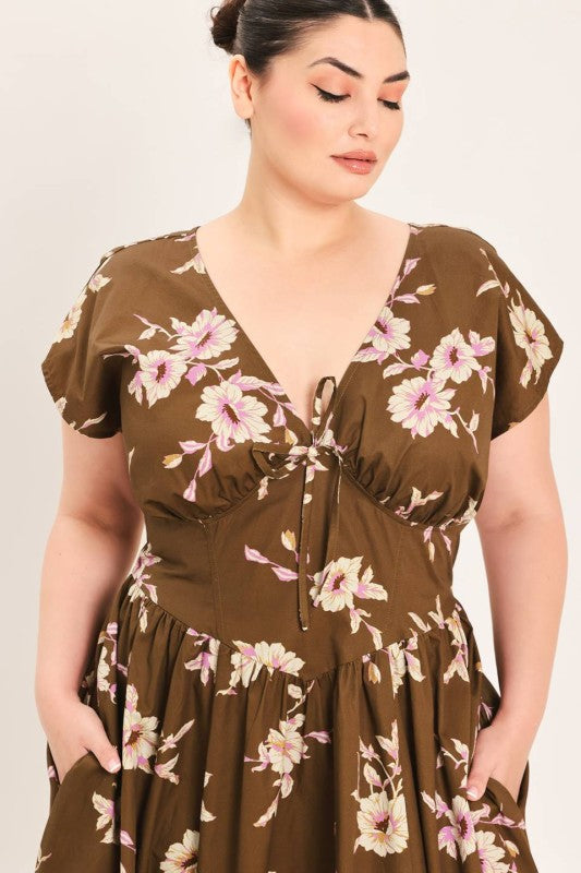 Plus Size Floral Brown Midi Dress